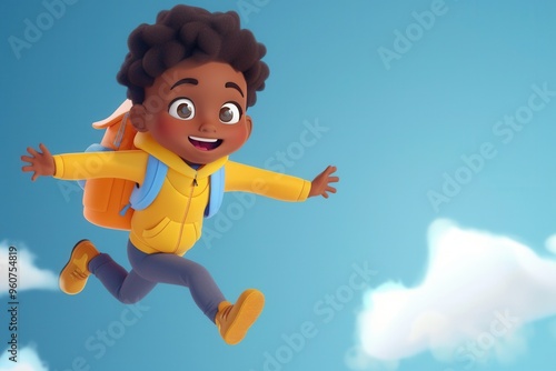 Cartoon illustration of a boy with curly dark hair with a backpack, jumping excitedly into the blue sky with clouds.. photo