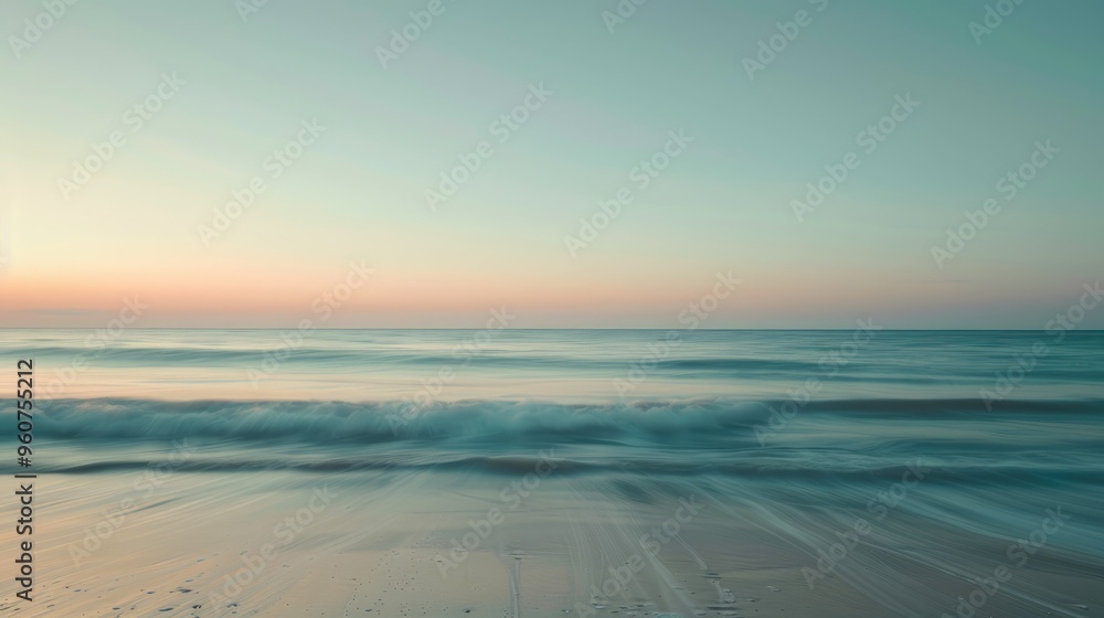 Obraz premium Tranquil ocean and clear sky during sunset with prolonged exposure, horizontal perspective.