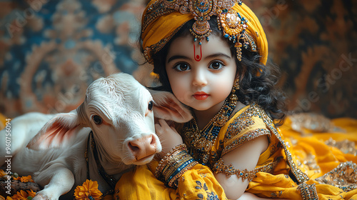 Cute little baby Krishna with sacred cow. Hindu god Lord Krishna with calf. Krishna Janmashtami, Govardhan Puja, Vasubaras. Indian religious festival photo