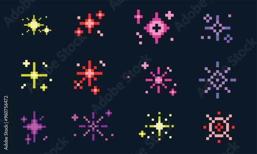 Pixel Stars vector set, sparkling stars clip art
