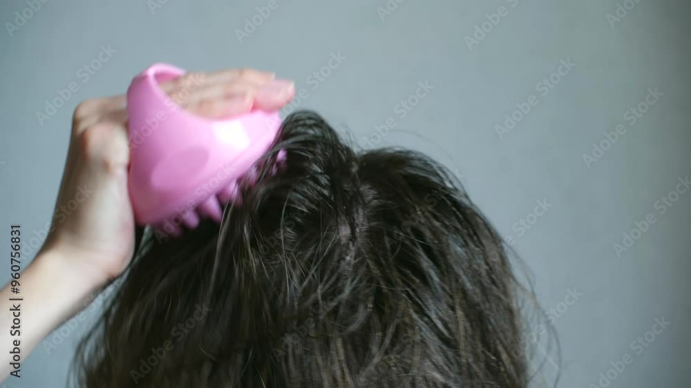 Girl uses special comb-massager to massage wet scalp. Woman uses hair tool to relieve tension promoting relaxation after long day. Close up Girl uses special comb-massager to massage wet scalp. Woman uses hair tool to relieve tension promoting relaxation after long day. Close up