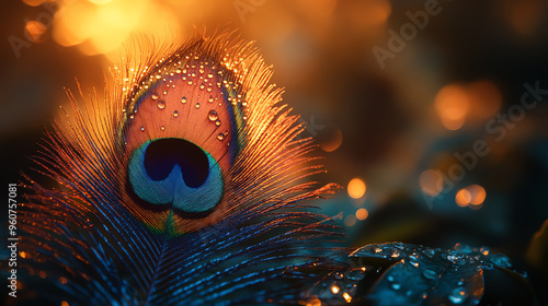 Sacred beautiful peacock feather as symbol of Hindu god Lord Krishna on sunset. Krishna Janmashtami, Govardhan Puja. Indian culture and religious concept. Background with copy space for banner, poster photo