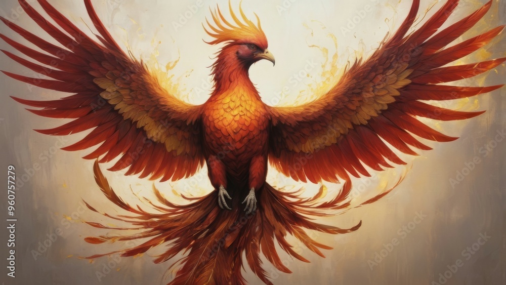 Fototapeta premium A fiery phoenix spreads its wings against a light background.