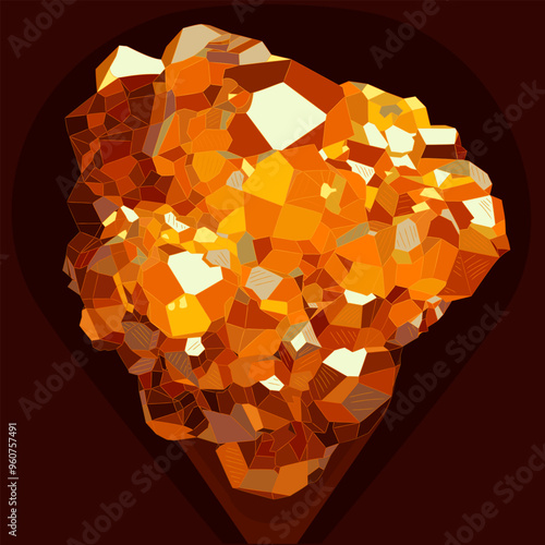 Natural orange-yellow-brown rough spessartite gemstone. Vector illustration of spessartine deep, rich color and shine. Juicy orange-yellow-red-brown coloring distinguishes spessartines from other mine