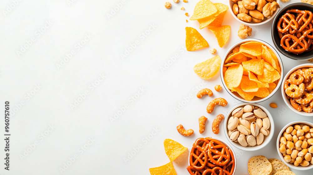 The image displays various snacks arranged in bowls on a white background. The snacks include chips, pretzels, nuts, pistachios, and other treats. It's a stylish and appetizing snack presentation The image displays various snacks arranged in bowls on a white background. The snacks include chips, pretzels, nuts, pistachios, and other treats. It's a stylish and appetizing snack presentation