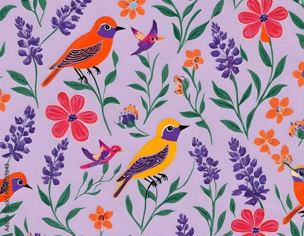 Fototapeta premium Elegant purple birds perched among floral patterns in a vibrant design provance