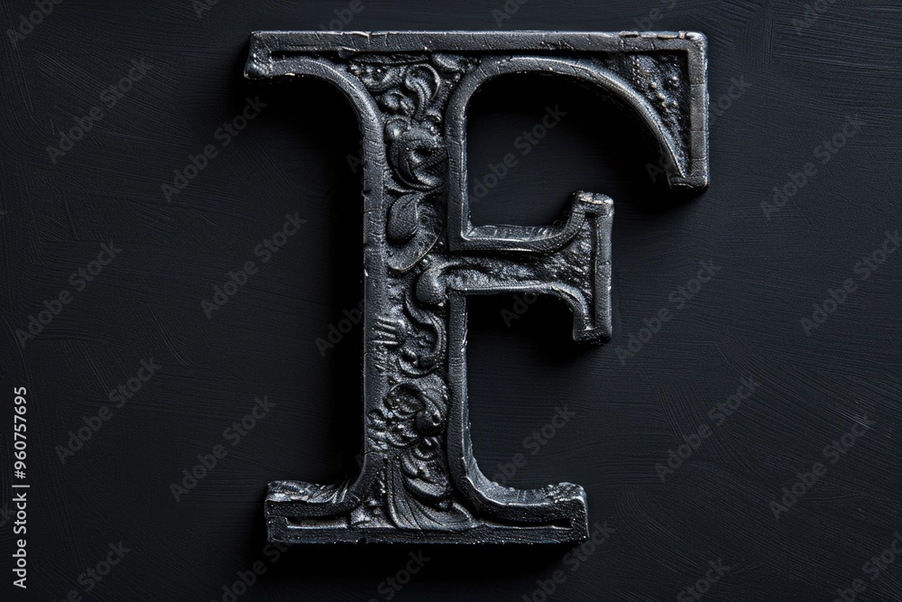 A close-up shot of a metal letter F on a black surface A close-up shot of a metal letter F on a black surface