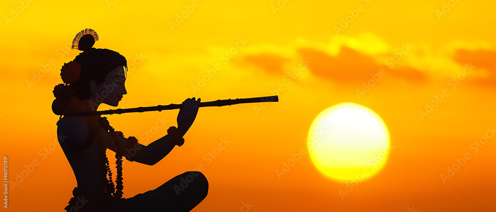 Silhouette of Hindu god Lord Krishna playing flute on sunset. Krishna Janmashtami, Govardhan Puja. Indian religious festival. Background for banner, poster, greeting card with copy space
Silhouette of Hindu god Lord Krishna playing flute on sunset. Krishna Janmashtami, Govardhan Puja. Indian religious festival. Background for banner, poster, greeting card with copy space