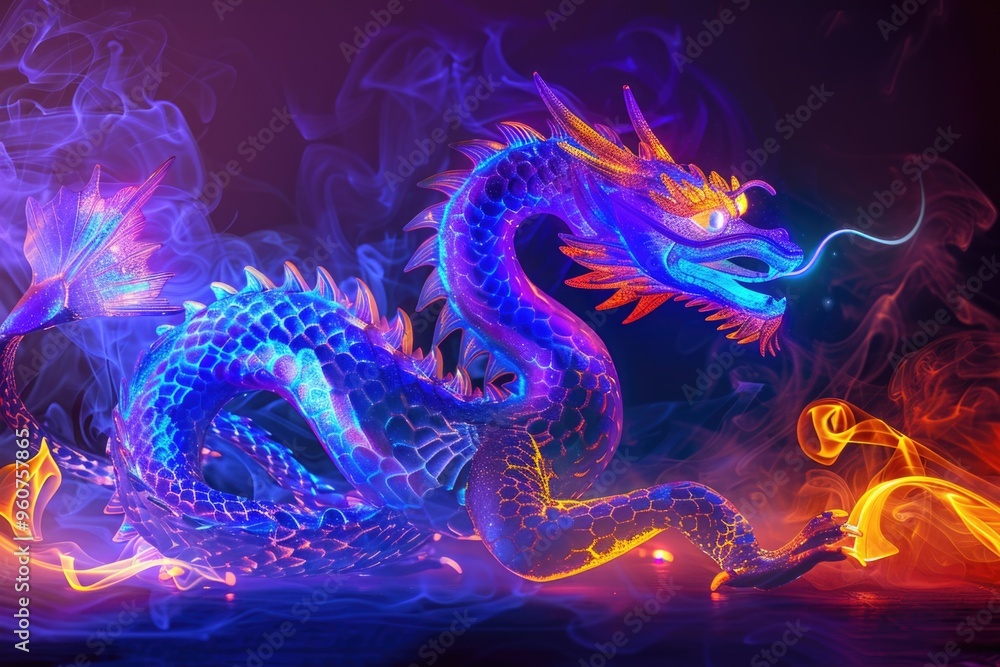 A blue and orange dragon sits in a dark room A blue and orange dragon sits in a dark room
