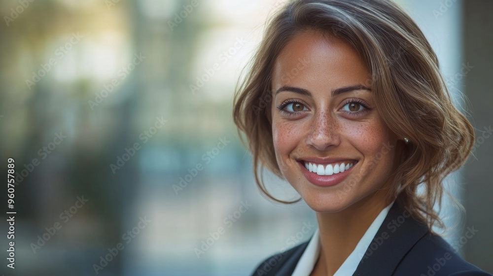 Close-up of a businesswoman with a confident smile and clear, sharp features, dressed in professional clothing, representing success and authority. Close-up of a businesswoman with a confident smile and clear, sharp features, dressed in professional clothing, representing success and authority.