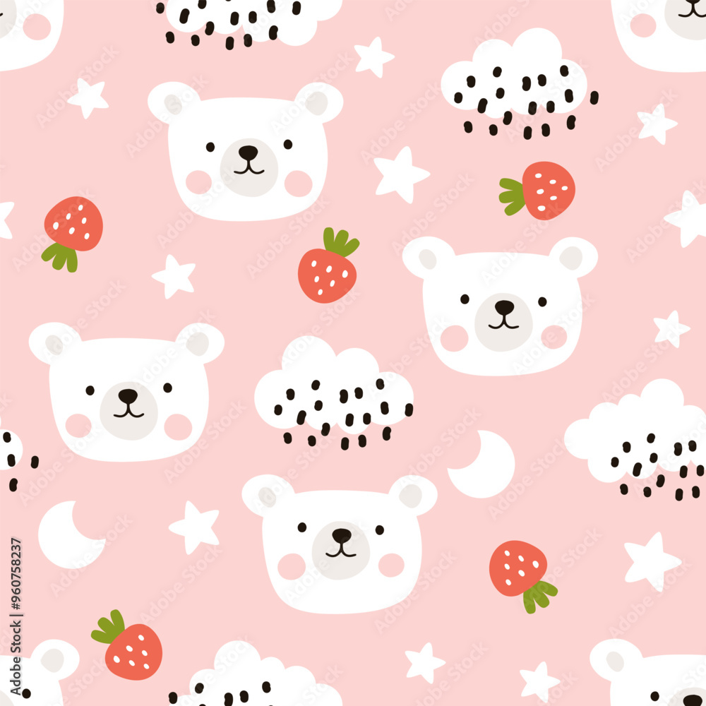Obraz premium Polar bear hand drawn scandinavian pink with red strawberry seamless pattern. Kids fabric and textile vector design.