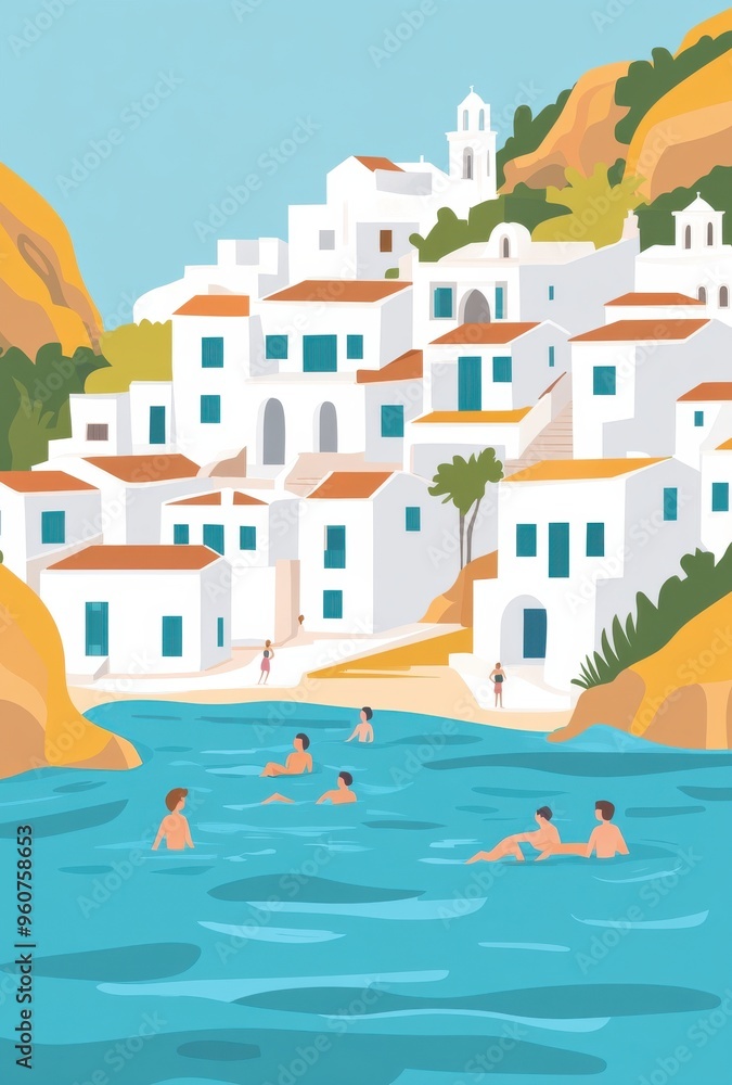Charming seaside village scene with vibrant buildings and people swimming in the tranquil blue waters, showcasing a picturesque summer day in a Mediterranean coastal town. Charming seaside village scene with vibrant buildings and people swimming in the tranquil blue waters, showcasing a picturesque summer day in a Mediterranean coastal town.