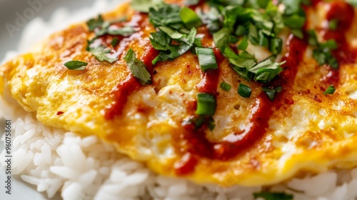 Close-up of a classic Thai omelette served on white rice, with a drizzle of fish sauce and chili on the side, highlighting the texture and fluffiness of the egg photo