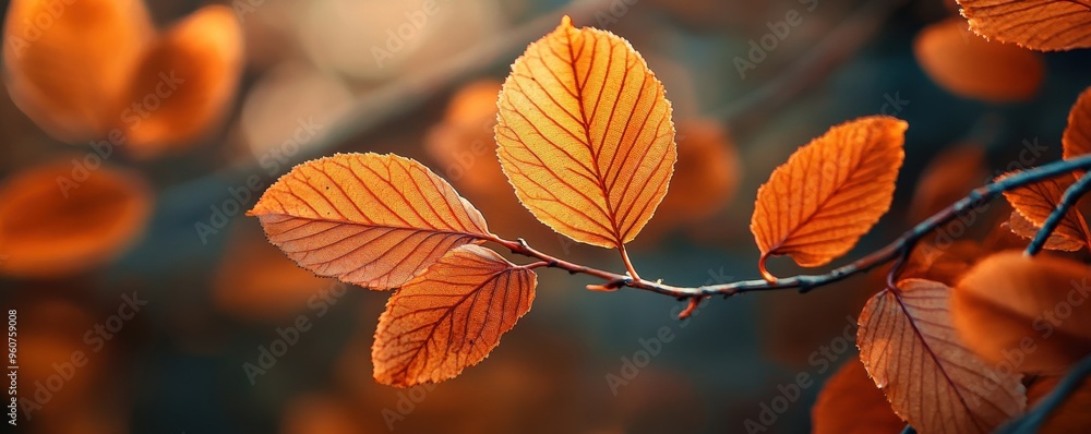 Autumn leaves in vibrant shades of orange and brown on a branch capturing the essence of fall with a blurred background Autumn leaves in vibrant shades of orange and brown on a branch capturing the essence of fall with a blurred background