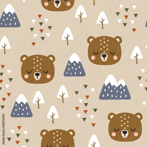 Cute brown teddy bear face with trees and pines forest seamless pattern background, kids woodland animals mountains and bohemian abstract triangles fabric design.