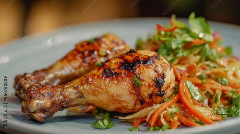 Close-up of a flavorful grilled chicken drumstick paired with a tangy papaya salad, highlighting the juicy meat and fresh, crisp vegetables. Close-up of a flavorful grilled chicken drumstick paired with a tangy papaya salad, highlighting the juicy meat and fresh, crisp vegetables.