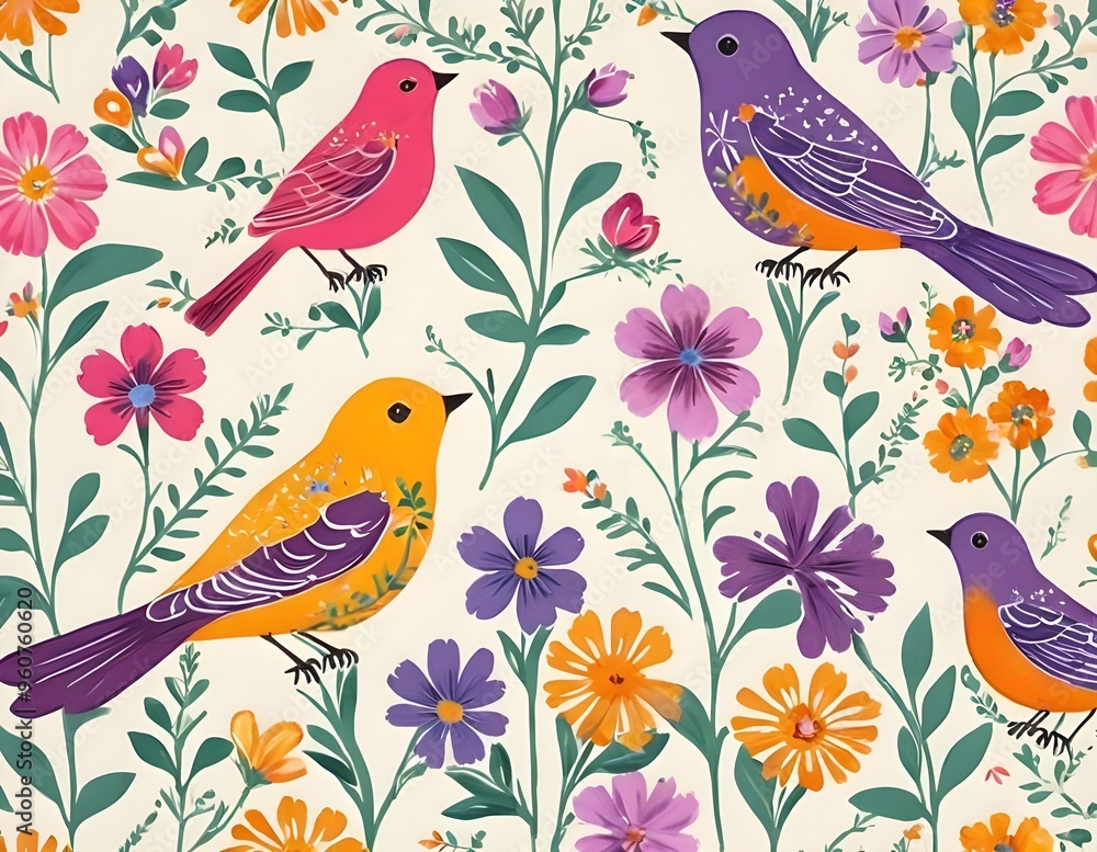 Elegant purple birds perched among floral patterns in a vibrant design provance Elegant purple birds perched among floral patterns in a vibrant design provance