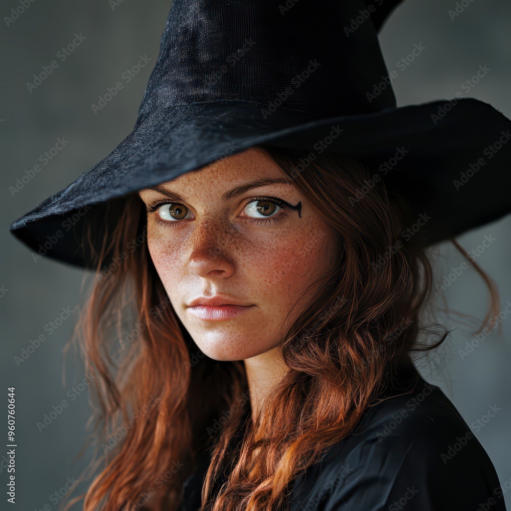 Young woman with freckles wearing a black witch hat indoors Young woman with freckles wearing a black witch hat indoors