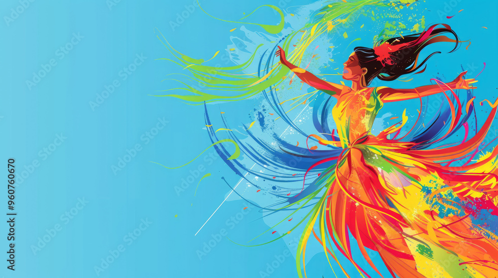 Obraz premium A dancer showcases her talent by twirling gracefully, creating a swirl of vibrant colors and dynamic movement in the air