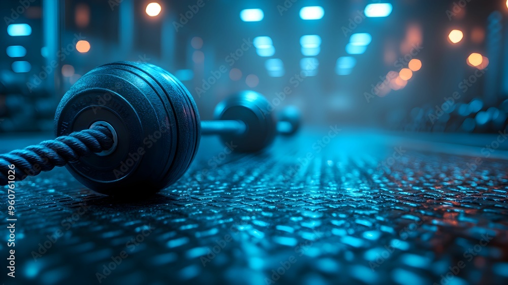 Obraz premium sport, aktywność fizyczna, sprzęt sportowy, buty do biegania, hantle, woda, bidon, podłoga w siłowni, dynamiczny, ruch, energia, fitness, trening, siłownia, kondycja, bieganie, ćwiczenia, zdrowy styl 