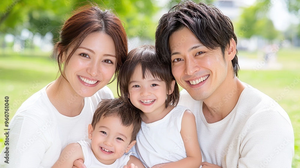 Happy Family Bonding: Smiling Portrait in the Park under Sunlight Happy Family Bonding: Smiling Portrait in the Park under Sunlight