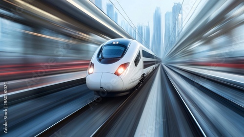 Close-up of a high-speed train in a motion blur, illustrating the incredible speed and efficiency of the train as it travels through a bustling cityscape.