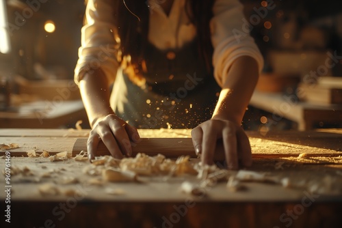 A close-up image of a carpenters hands shaping a piece of wood.