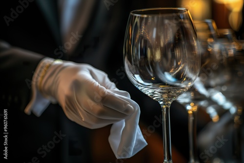 A waiter in formal attire meticulously cleans a wine glass, ensuring impeccable presentation at a high-end dining establishment.