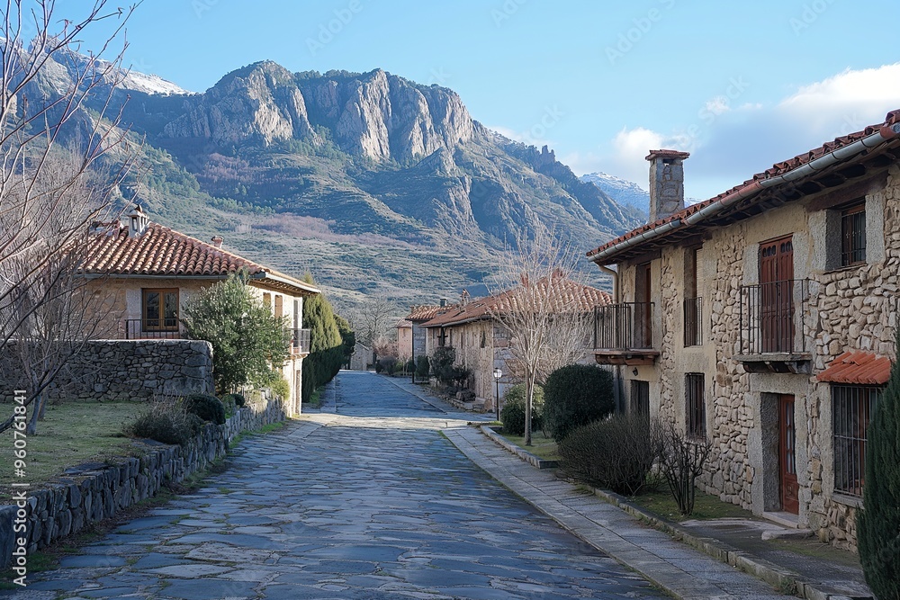 Fototapeta premium A peaceful village street showcases rustic stone houses with a stunning mountain view under a clear blue sky.