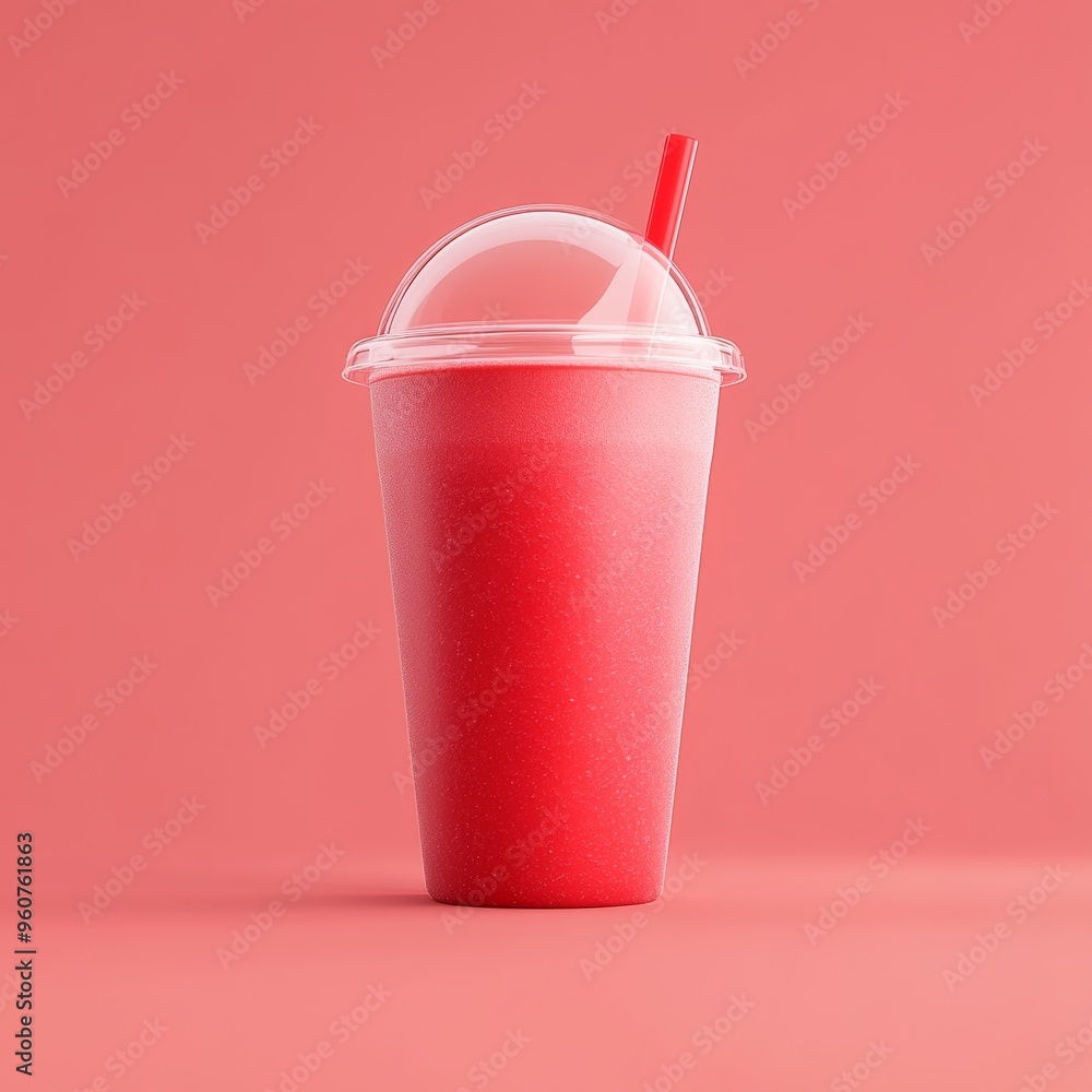 A 3D single icon of a bright red strawberry smoothie in a plastic cup with a dome lid, designed with a clean and minimalistic approach A 3D single icon of a bright red strawberry smoothie in a plastic cup with a dome lid, designed with a clean and minimalistic approach