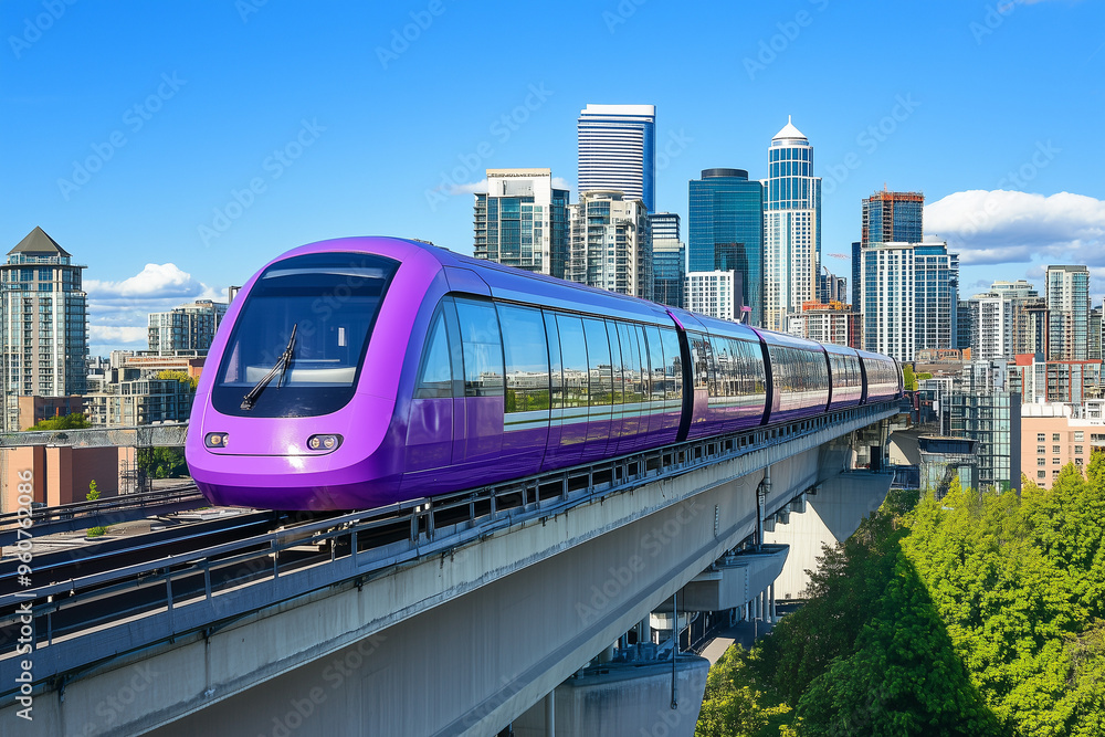 Naklejka premium Plum Monorail Enhancing Urban Skyline with Innovative Public Transport Solutions