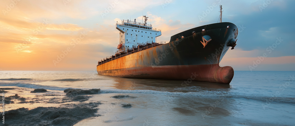 Naklejka premium Large container freight cargo ship stuck in low water at sandy shore. Generative AI