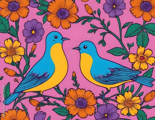 Elegant purple birds perched among floral patterns in a vibrant design provance