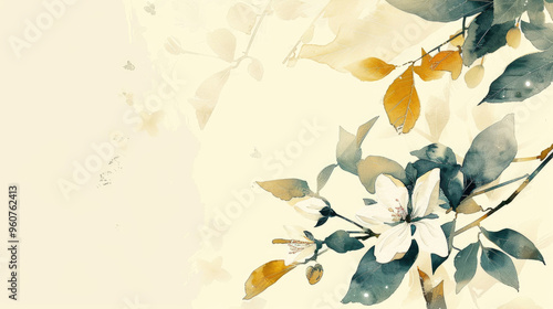 Fototapeta Naklejka Na Ścianę i Meble -  A beautiful floral design showcases blooming flowers and vibrant leaves in soft watercolor tones, evoking a tranquil atmosphere
