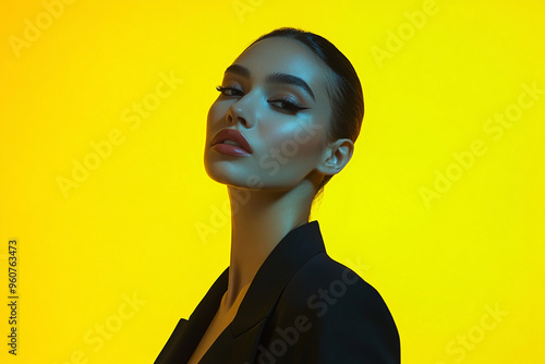 Woman in Black Suit with Solid Neon Yellow Stylish Portrait Featuring Vibrant Neon Yellow Background photo