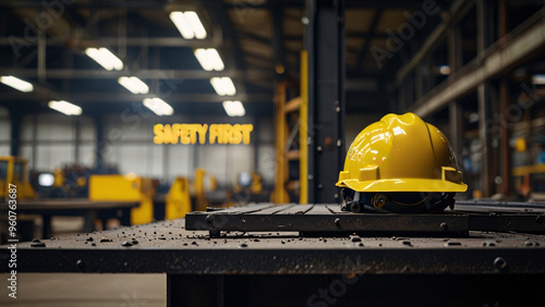 safety first helmet factory industry worker employee machine warning danger.