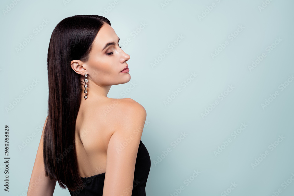 Photo of wealthy girl close eyes wear glamour black accessory outfit advertising empty space grey background Photo of wealthy girl close eyes wear glamour black accessory outfit advertising empty space grey background