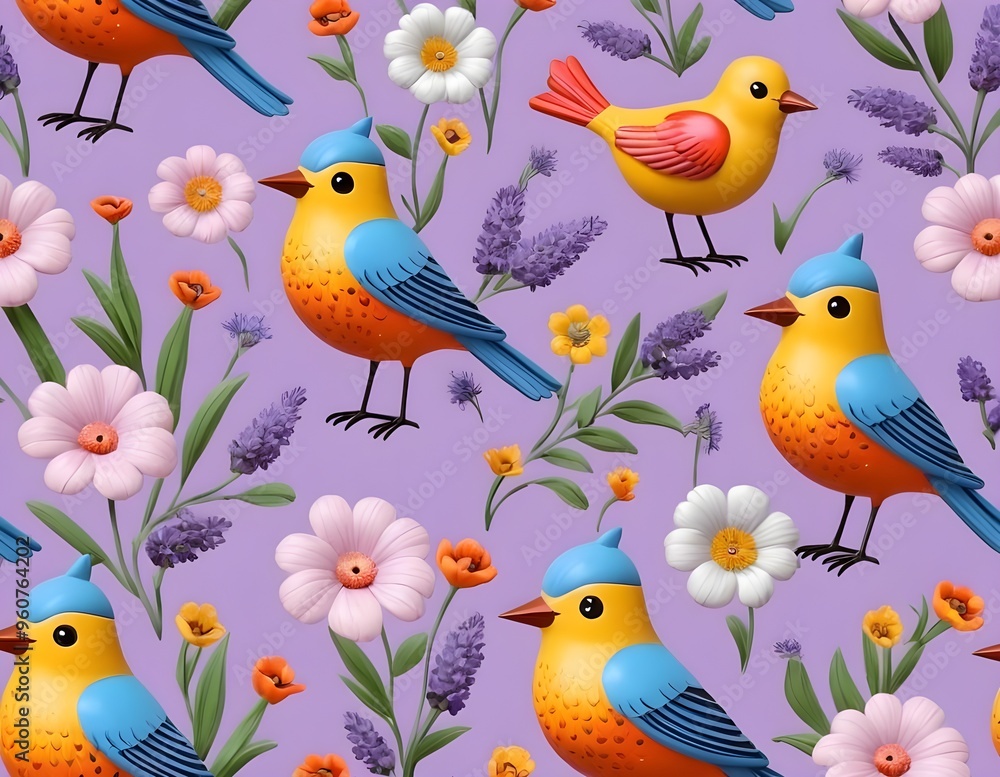 Fototapeta premium Elegant purple birds perched among floral patterns in a vibrant design provance