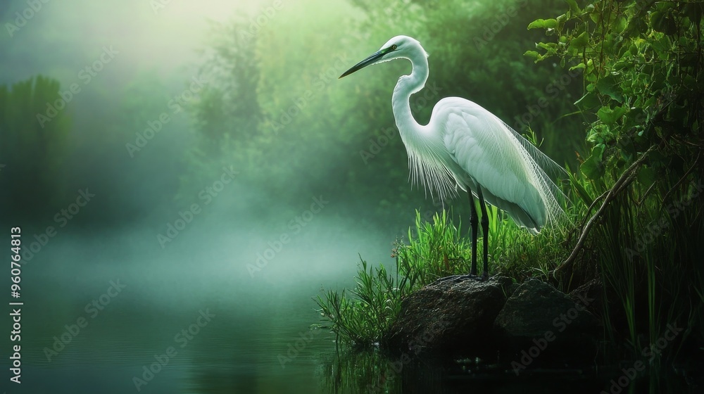 Naklejka premium White heron and green landscape.