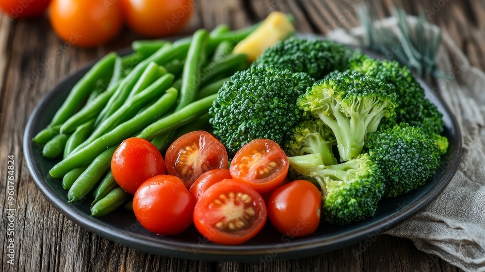 Wholesome meal on a plate: broccoli, green beans, cherry tomatoes. Wholesome meal on a plate: broccoli, green beans, cherry tomatoes.