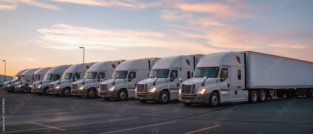 Cargo trailer trucks ready on parking lot in morning. Logistics and goods transport concept. Generative AI