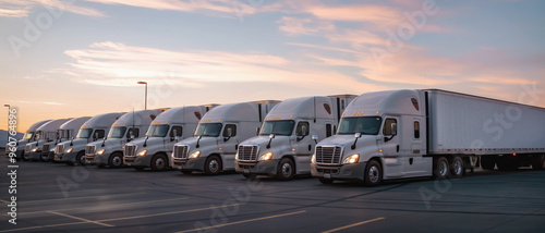 Obraz na płótnie Cargo trailer trucks ready on parking lot in morning. Logistics and goods transport concept. Generative AI w salonie