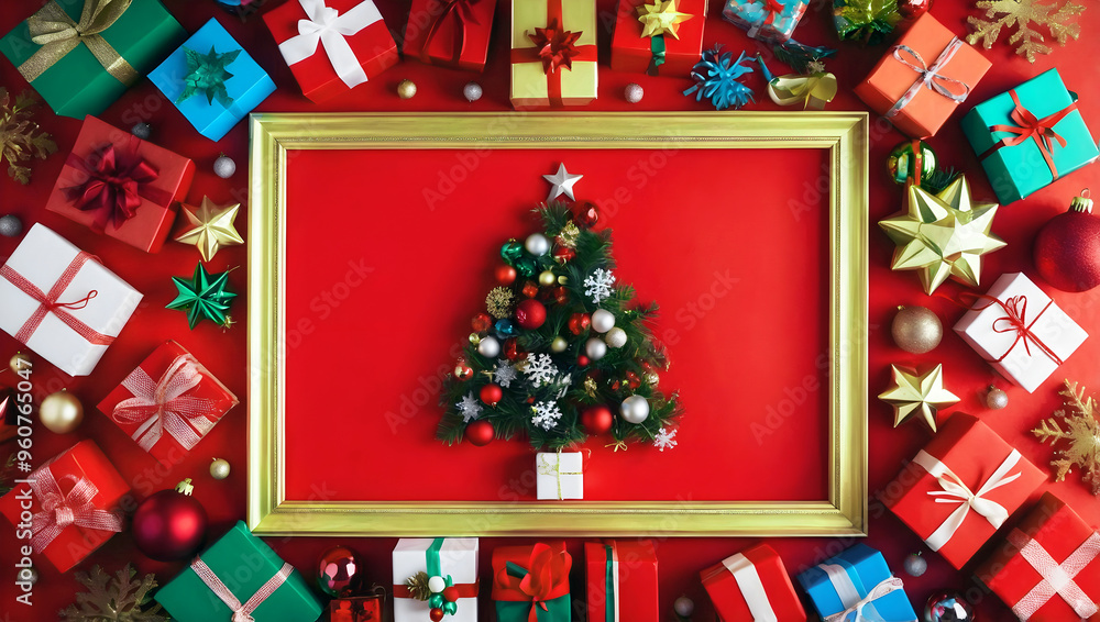 Merry Christmas red template with copy space area, festive background, Christmas tree and gifts concept
