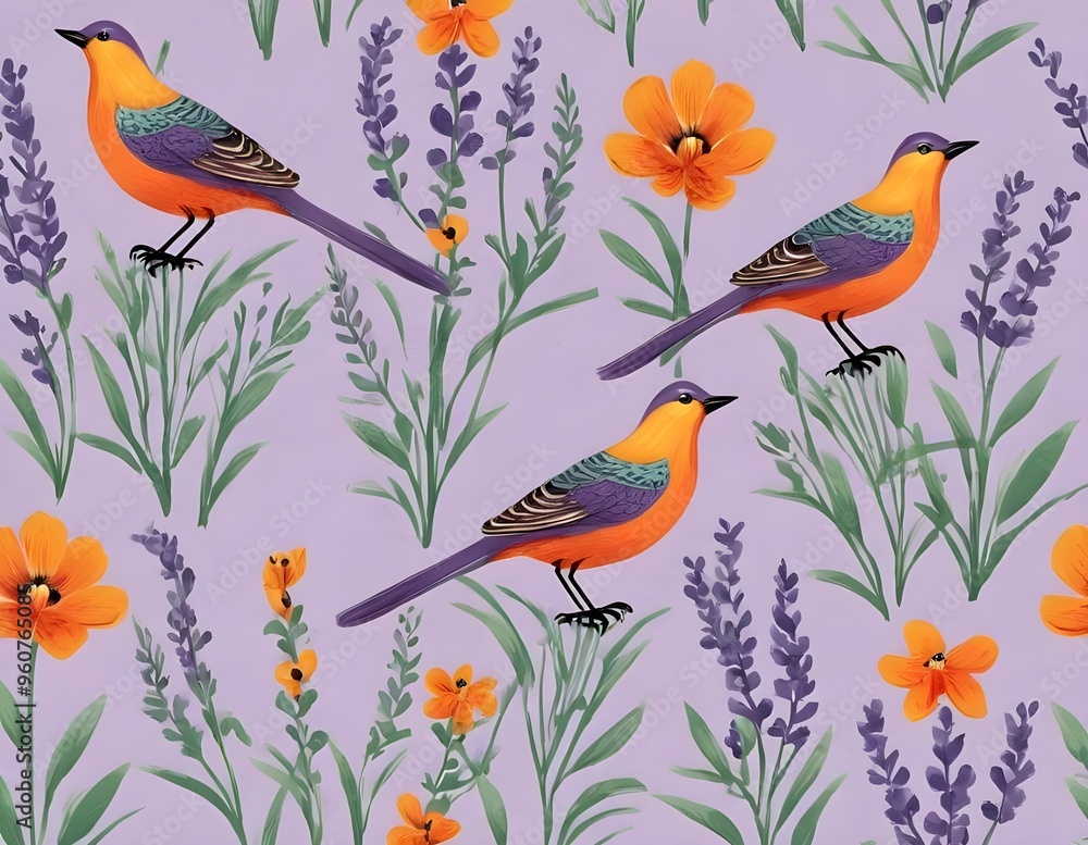 Elegant purple birds perched among floral patterns in a vibrant design provance Elegant purple birds perched among floral patterns in a vibrant design provance