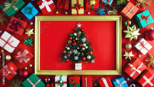 Obraz na płótnie Merry Christmas red template with copy space area, festive background, Christmas tree and gifts concept w salonie