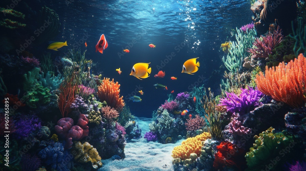 Naklejka premium Vibrant Coral Reef Ecosystem with Colorful Fish