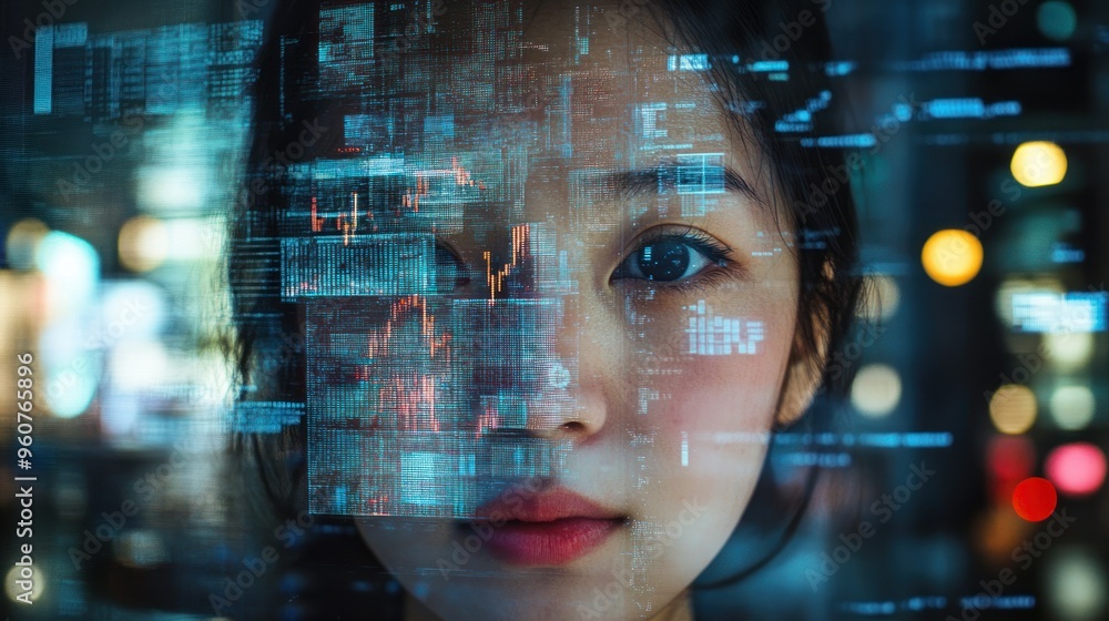 Woman's Face Overlaid with Abstract Digital Data and City Lights Woman's Face Overlaid with Abstract Digital Data and City Lights