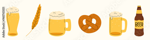 Set of beer, barley, pretzels, bottle and mugs. Hand drawn, doodle design. Perfect for Oktoberfest promotions, bar menus, or brewing themes. 