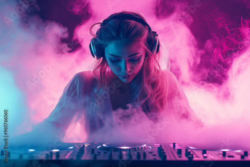 Obraz na płótnie beautiful girl with big headphones on her head at a techno party illuminated by pink and blue party lights, generative AI w salonie