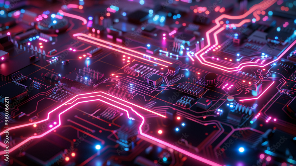High-tech circuit board illuminated with vibrant pink and blue neon pathways, showcasing futuristic energy flow and advanced technology. Perfect for tech, science, and innovation concepts.
High-tech circuit board illuminated with vibrant pink and blue neon pathways, showcasing futuristic energy flow and advanced technology. Perfect for tech, science, and innovation concepts.